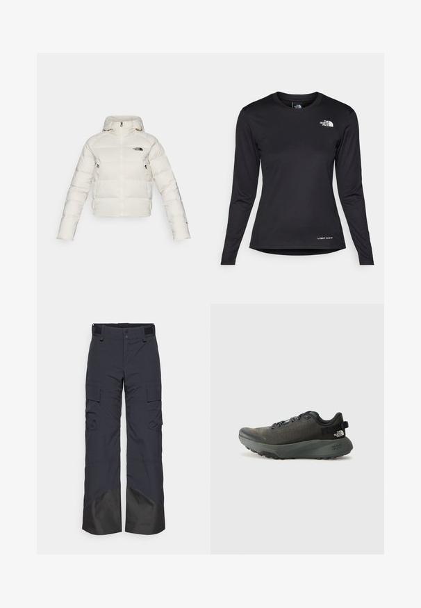 Jacheta albă umflată cu glugă, având un fermoar frontal și buzunare laterale. Țesătura are o textură netedă cu un model cusut.; The North Face SHADOW LONG SLEEVE - Bluză cu mânecă lungă - black; Pantaloni cargo gri închis, cu două butoane, talie cu velcro și secțiuni inferioare negre întărite. Prezintă multiple buzunare laterale și un croi drept.; Pantofii sport de culoare gri închis au un superior din material texturat, șireturi plate, vârf întărit și o talpă groasă, robustă pentru aderență. Numărul 300 este embosat pe toc.