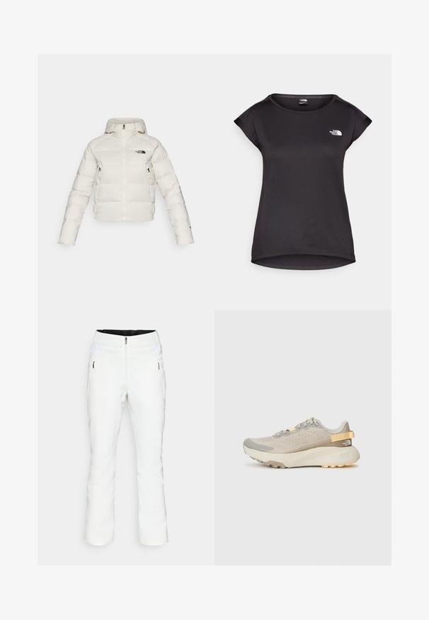 Casaco puffer branco com capuz, apresentando uma frente com fecho éclair e bolsos laterais. O tecido tem uma textura suave com um padrão costurado.; The North Face TANKEN TANK - T-shirt desportiva - black; Calças de esqui brancas com corte justo, fecho frontal com fecho éclair, fecho de duplo botão, bolsos laterais e cós elástico com detalhes em Velcro. Textura suave.; Sapatilha de corrida bege clara com um upper de malha texturizada, detalhes cinzentos, solado de borracha durável e uma alça na parte de trás para fácil colocação.