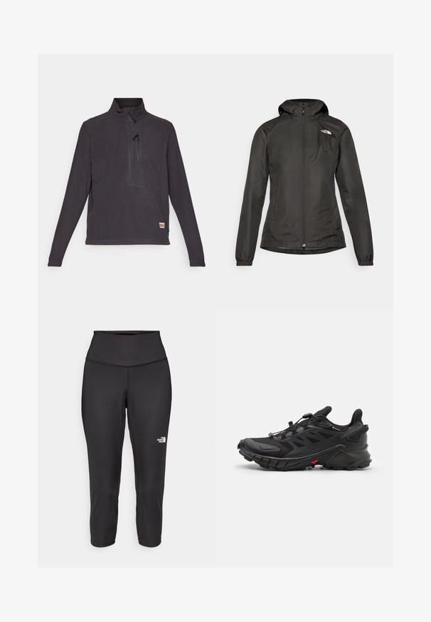 Must must vest, millede, tõmblukuga ees, elastsete mansettidega ja väike logo vasakul rinnaülemisel. Sile, veekindel kangas.; Tumehall fleece poolo kõrge kraega, neljandiku tõmblukuga ja esikotiga. Alumises paremas nurgas on väike logo. Sile tekstuur.; Mustad mustad capri retuusid on valmistatud elastsetest kangast, millel on kõrge vöökoht ja väike valge logo vasakul küljel. Sile tekstuur.; Mustad mustetreeningjalatsid, millel on tekstureeritud pealmine osa, turvaline paeltesüsteem, pehme tald ja silmapaistev punane aktsent külgmisel osal.