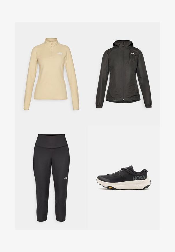 Μαύρο μπουφάν με κουκούλα, μπροστινό φερμουάρ, ελαστικούς καρπούς και ένα μικρό λογότυπο στην επάνω αριστερή πλευρά του στήθους. Λείος, αδιάβροχος ύφασμα.; The North Face 100 GLACIER 1/4 ZIP - Φλις πουλόβερ - khaki stone; Μαύρα καπρί κολάν κατασκευασμένα από ελαστικό ύφασμα, με ψηλό μέσο και μικρό λευκό λογότυπο στην αριστερή πλευρά. Ομαλή υφή.; Μαύρα αθλητικά παπούτσια με άνω μέρος από αναπνεύσιμο διχτυωτό υλικό, καουτσούκ σόλα, λευκή ενδιάμεση σόλα με απορρόφηση κραδασμών και ανακλαστικά κορδόνια. Λογότυπο Vibram στη σόλα.