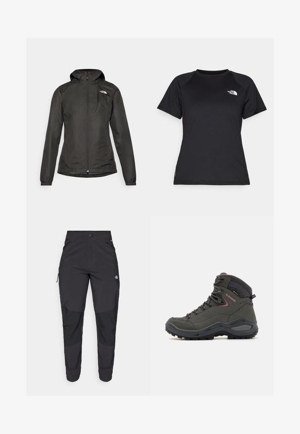 Sort vindjakke med hætte, lynlås i front, elastiske manchetter og et lille logo på den øverste venstre brystkasse. Glat, vandafvisende stof.; Sort kortærmet træningstrøje med rund hals og The North Face-logo på venstre side af brystet.; Sorte udendørsbukser lavet af slidstærkt stof. Har lynlåslommer, forstærkede knæpaneler og en lige skæring for bedre bevægelighed.; Grøn vandrestøvle med højt ankeldesign, læder- og syntetisk materiale, gummisål og metaløjer til snørrebånd. Minimale detaljer.