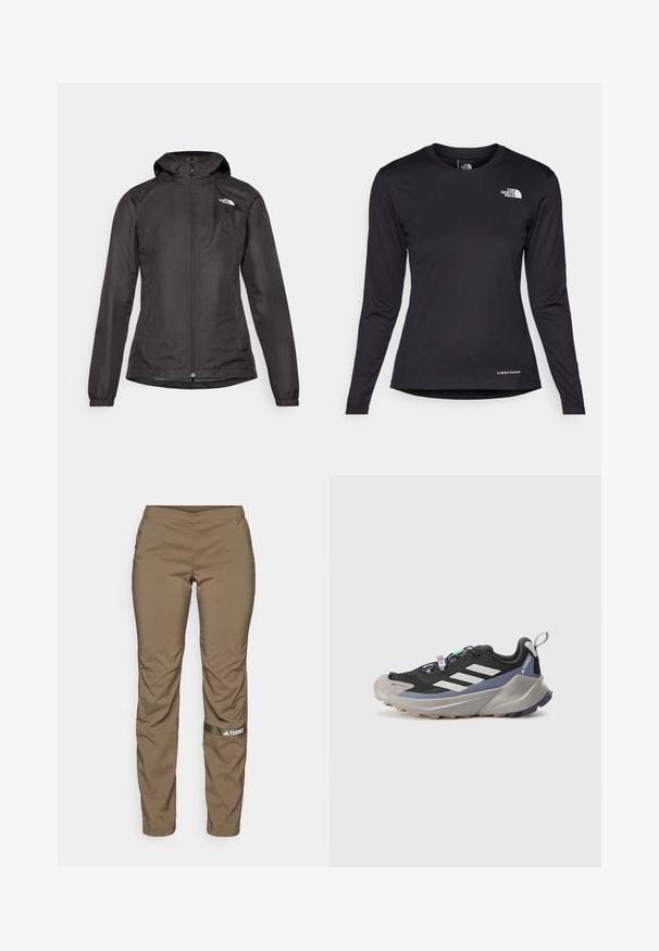 Μαύρο μπουφάν με κουκούλα, μπροστινό φερμουάρ, ελαστικούς καρπούς και ένα μικρό λογότυπο στην επάνω αριστερή πλευρά του στήθους. Λείος, αδιάβροχος ύφασμα.; The North Face SHADOW LONG SLEEVE - Μπλούζα με μακριά μανίκια - black; adidas Terrex TERREX MULTI WOVEN PANT - Παντελόνι εξωτερικού χώρου - olive strata; Μαύρο αθλητικό παπούτσι με επάνω μέρος από Gore-Tex, λευκές ρίγες, μωβ λεπτομέρειες, παχύ γκρι μεσόσολα και υφασμένο γκρι εξωτερικό πέλμα για πρόσφυση.