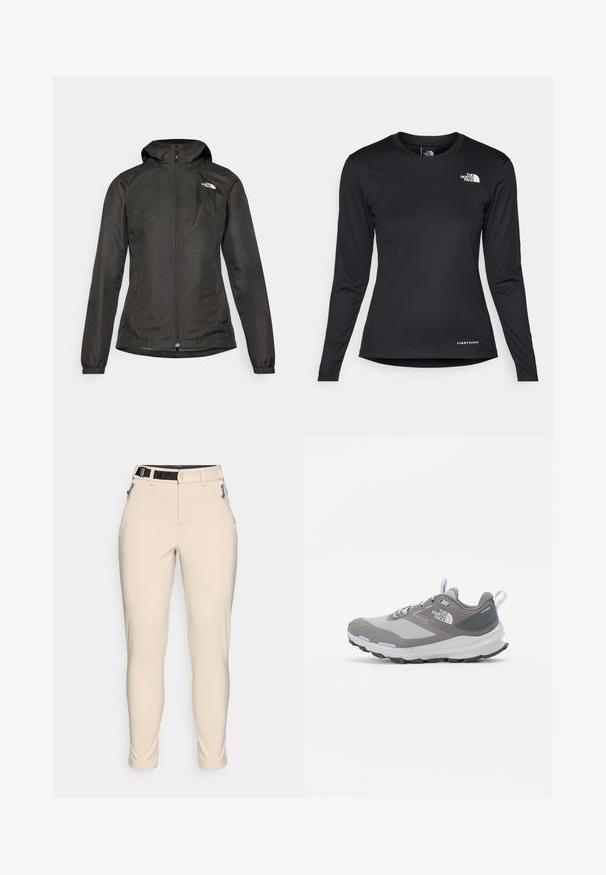 Crna vjetrobran jakna s kapuljačom, prednjim zatvaračem, elastičnim manžetama i malim logotipom na gornjem lijevom prsnom dijelu. Gladak, vodootporan materijal.; The North Face SHADOW LONG SLEEVE - Top dugih rukava - black; Bež hlače koje se oblikuju prema tijelu, izrađene od teksturirane tkanine. Imaju crni rastezljivi pojas i džepove sa zipovima sa strane.; Sive tenisice za trčanje s mrežastim i sintetičkim materijalima, s ljubičastim naglascima, teksturiranim potplatom i trakom za povlačenje na peti radi lakšeg obuvanja.