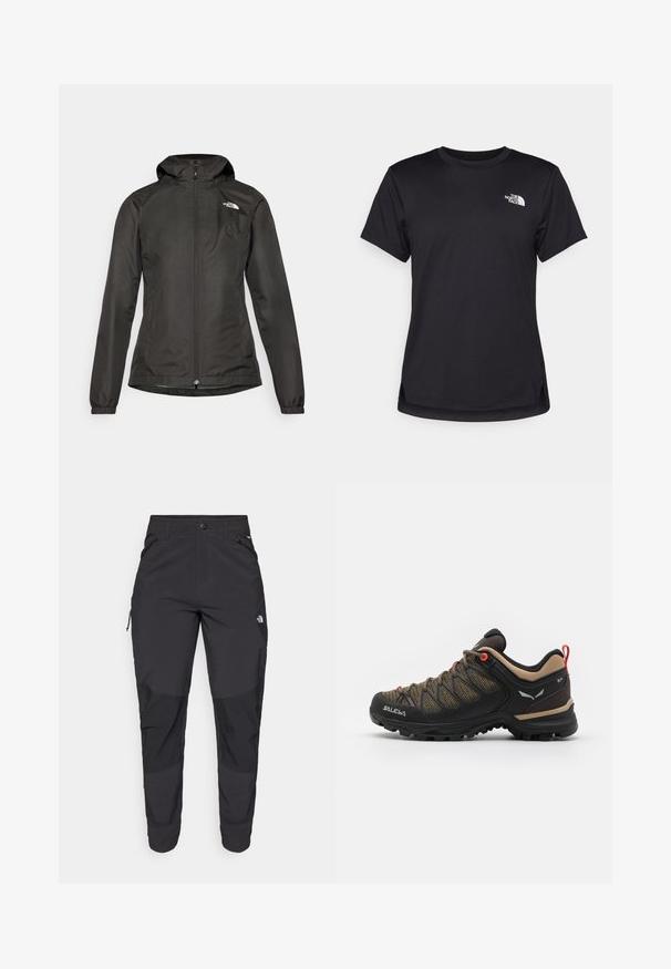Svart vindtett jakke med hette, glidelås foran, elastiske mansjetter og en liten logo øverst til venstre på brystet. Glatt, vannavstøtende stoff.; The North Face FLEX SHORT SLEEVES TEE - T-skjorte til trening - black; Svart utendørsbukser laget av slitesterkt stoff. Har glidelåslommer, forsterkede knær og en rett skjæring for bevegelighet.; Svart og brun tursko med mesh overdel, røde detaljer, forsterket tå og en teksturert gummisåle for grep.
