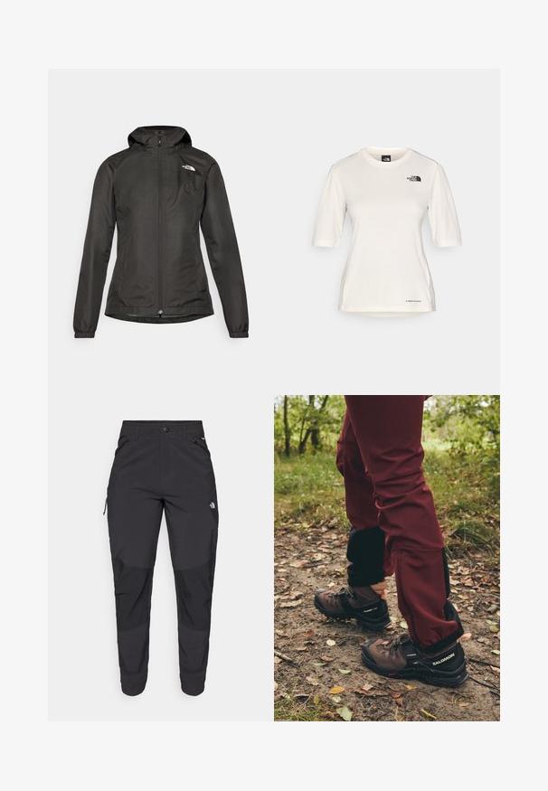 Fekete széldzseki kapucnival, zipzárral az elülső részen, rugalmas mandzsettákkal és egy kis logóval a bal felső mellen. Simaságú, vízálló anyag.; The North Face SHADOW SHORT SLEEVE  - Sportfelső - white dune; Fekete kültéri nadrág tartós anyagból. Cipzáros zsebekkel, megerősített térdpanellel és egyenes szabással a mozgékonyságért.; Barna túrabakancs fekete kiegészítőkkel és strapabíró talppal, bordó vízálló nadrággal párosítva, fekete oldalsó panelek és cipzárok díszítik.