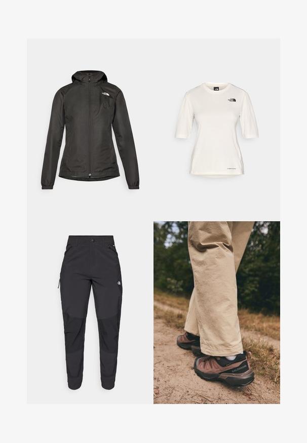 Black windbreaker jacket with a hood, zip front, elastic cuffs, and a small logo on the upper left chest. Smooth, water-resistant fabric.; The North Face SHADOW SHORT SLEEVE  - Sports T-shirt - white dune; Black outdoor pants made of durable fabric. Feature zippered pockets, reinforced knee panels, and a straight cut design for mobility.; Salomon X ULTRA 360 LTR GORE TEX - Hiking shoes - cognac/peppercorn/black