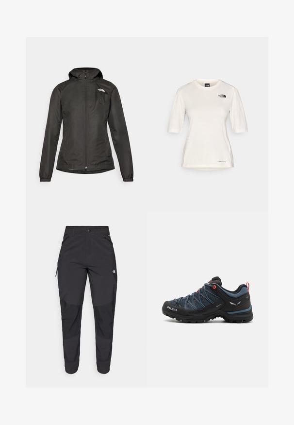 Svart vindtett jakke med hette, glidelås foran, elastiske mansjetter og en liten logo øverst til venstre på brystet. Glatt, vannavstøtende stoff.; The North Face SHADOW SHORT SLEEVE  - T-skjorte til trening - white dune; Svart utendørsbukser laget av slitesterkt stoff. Har glidelåslommer, forsterkede knær og en rett skjæring for bevegelighet.; Herres fotturer sko med svart og blå mesh-overdel, gummitåhette og røde detaljer. Har en teksturert såle for grep og stabilitet.