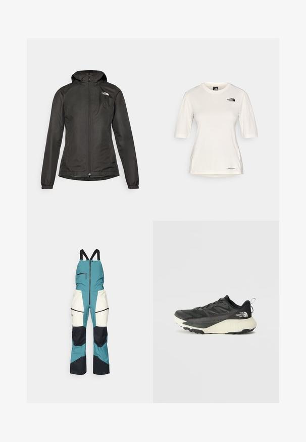 Svart vindjacka med huva, dragkedja framtill, elastiska ärmslut och en liten logotyp på övre vänster bröst. Slät, vattentålig tyg.; The North Face SHADOW SHORT SLEEVE  - T-shirt till träning - white dune; Peak Performance VERTICAL GORE-TEX PRO BIB - Skidbyxor - hydro fresh/sand fog; Svart atletisk sko med en texturerad ovandel, med grå accenter och en vit mellanläggssula. Inkluderar en dragtab och en framträdande varumärkeslogotyp på hälen.