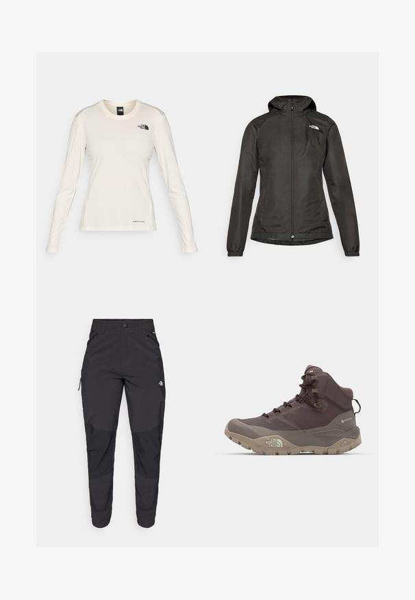 Must must vest, millede, tõmblukuga ees, elastsete mansettidega ja väike logo vasakul rinnaülemisel. Sile, veekindel kangas.; The North Face SHADOW LONG SLEEVE - Pikkade varrukatega topp - white dune; Must black välitingimustes püksid, mis on valmistatud vastupidavast kangast. Omavad lukugaTaskuid, tugevdatud põlvepaneele ja sirget lõiget liikuvuse tagamiseks.; The North Face OFFTRAIL MID GORE TEX - Matkajalatsid - tawny quartz/mocha brown