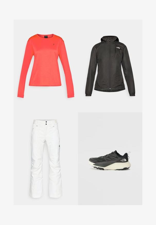 Must must vest, millede, tõmblukuga ees, elastsete mansettidega ja väike logo vasakul rinnaülemisel. Sile, veekindel kangas.; Pikad varrukad, heledat korallitoonis sportlik särk, tekstuuriga kangast, ümardatud kaelaosa, rinnal väike must logo, slim-fit lõige.; Valged lume püksid sirge jala kujundusega, kahte esiktaskut ja kahte musta nööbi kinnitust. Tekstuuriga kangas musta brändingu detailiga.; Musty mustusjalats musta pealisega, millel on tekstuur, hallid aktsendid ja valge vaheosa. Sisaldab tõmbeosa ning silmapaistvat brändi logo kandadel.