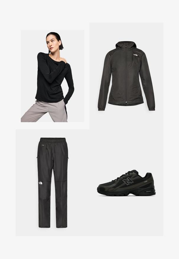 Črna vetrovka s kapuco, z zadrgo na sprednji strani, elastičnimi manšetami in majhnim logotipom na zgornji levi strani prsnega koša. Gladek, vodoodporen material.; Dolgi rokav črna majica iz mehkega materiala, z zaobljenim ovratnikom in oprijetim krojem, v kombinaciji s svetlo sivo hlačami.; Črne nepremočljive hlače iz lahkega materiala, z elastičnim pasom, stranskimi žepi in logotipom na levi nogi.; Črne atletske čevlje s teksturiranim sintetičnim zgornjim delom, ki imajo podložen podplat in izstopajoč "N" logotip na strani. Oblikovanje vključuje lahkotne mrežaste sekcije.