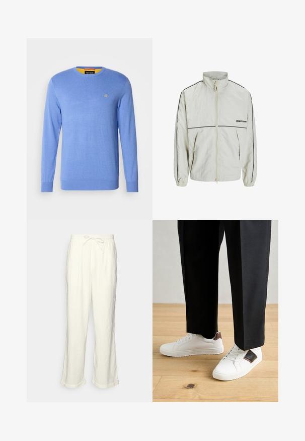 Kerge kreemjas jakk, millel on kõrge krae, ees lukuga ja mustad külgtriibud; varrukatel on elastsed mansetid ja ees on tagasihoidlik logo.; Hele helesinine omakootud sviiter, pikkade varrukatega, ümmargune kaelus; sellel on rinnal väike kuldne embleem ja kontrastne kollane sisekaelus.; Lina püksid tühjas valges, millel on paelaga vöökoht, veidi laiemad sääred ja keeratud varrud mugavaks istumiseks. Taskud puuduvad.; Valged sneakersid siledat tekstuurist, millel on pruunad nahast detailid ja mustad aksessuaarid, millele on sobitatud mustad kohandatud püksid. Puitpõranda taust.