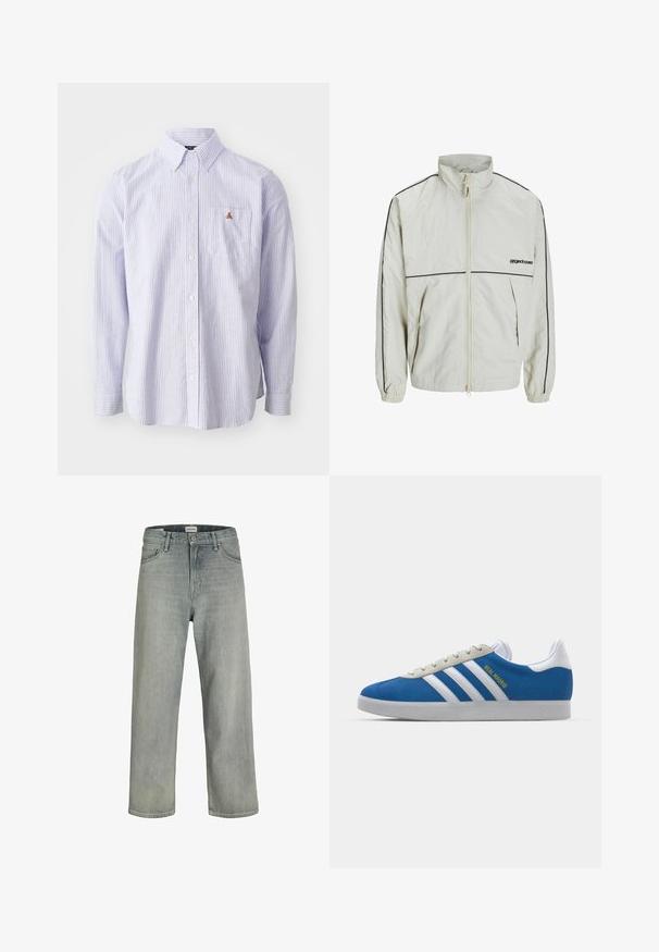 Chaqueta de crema ligera con cuello alto, cremallera frontal y franjas laterales negras; cuenta con puños elásticos y un logo discreto en la parte delantera.; Camisa de botones en azul claro y blanco a rayas, de material de algodón. Presenta un bolsillo en el pecho y un pequeño logo bordado en el bolsillo.; Vaqueros de mezclilla de un gris claro y corte holgado. Presentan un diseño clásico de cinco bolsillos, pasadores de cinturón y una silueta de pierna recta.; adidas Originals ADIDAS GAZELLE SHOES - Botines de fútbol sala - real madrid/bluebird/footwear white/crew yellow