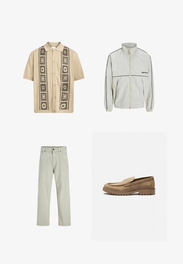 Lagani krem kaput s visokim ovratnikom, prednjim zatvaračem i crnim bočnim trakama; ima elastične manžete i skroman logo sprijeda.; Bež košulja kratkih rukava s kopčanjem na dugmad, koja sadrži dekorativne zelene i crne geometrijske uzorke duž prednje strane i teksturirane pletene detalje.; Svijetlosmeđi traperice ravnog kroja, s pet džepova i kopčanjem na gumbu u struku, s minimalnim detaljima šivanja.; Smešani mokasini od suedenog materijala u boji mesa s zaobljenim vrhom, ravnim gumenenim đonom i dekorativnim šavovima na gornjem dijelu. Imaju jednostavan dizajn koji omogućava nošenje bez vezivanja.