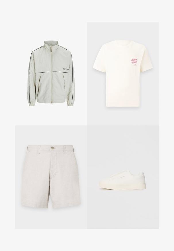 Lightweight cream jacket with a high collar, front zipper, and black side stripes; features elastic cuffs and a modest logo on the front.; White short-sleeve T-shirt with red text "Studio Originals Edition" on left chest, displayed on a neutral gray background.; Beige linen shorts with a straight cut, featuring a front button closure, belt loops, and two side pockets. Textured fabric.; White slip-on sneakers with a textured surface, a thick sole, and minimalistic design. Features brand logo on the side.
