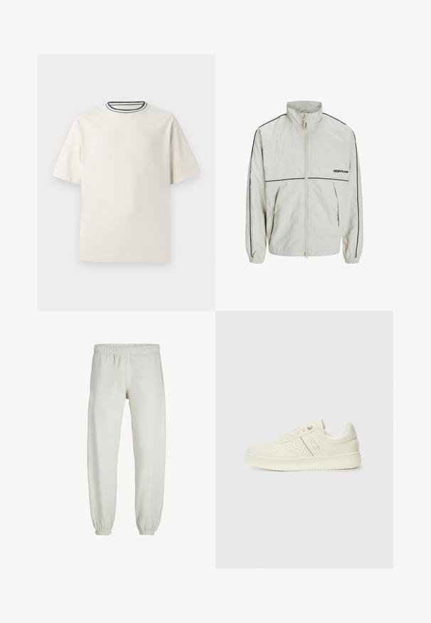 Leichte Cream-Jacke mit hohem Kragen, Frontreißverschluss und schwarzen Seitenstreifen; verfügt über elastische Bündchen und ein dezentes Logo auf der Vorderseite.; Cremefarbendes Baumwoll-T-Shirt mit kurzen Ärmeln, das über einen runden Halsauschnitt mit navy- und weißen Streifen verfügt. Glatte Textur, lässige Passform.; Weiße Jogginghose aus weichem Stoff, mit elastischem Bund und Säumen, einer glatten Textur und lockerem Schnitt.; Cremefarbene Sneaker mit perforierten Details, Schnürsenkeln und Logo an der Seite, vor einem schlichten weißen Hintergrund präsentiert.