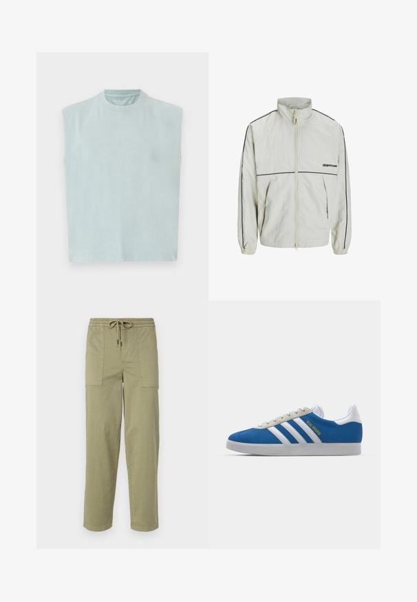 Leichte Cream-Jacke mit hohem Kragen, Frontreißverschluss und schwarzen Seitenstreifen; verfügt über elastische Bündchen und ein dezentes Logo auf der Vorderseite.; Hellblaues ärmelloses T-Shirt mit rundem Ausschnitt, aus weichem Stoff gefertigt, mit geradem Schnitt und minimalistischem Design.; Helle olivgrüne Hose aus Baumwollmischgewebe, mit einem elastischen Bund und Kordelzug sowie zwei großen Seitentaschen.; adidas Originals ADIDAS GAZELLE SHOES - Indoor-Fußballschuhe - real madrid/bluebird/footwear white/crew yellow