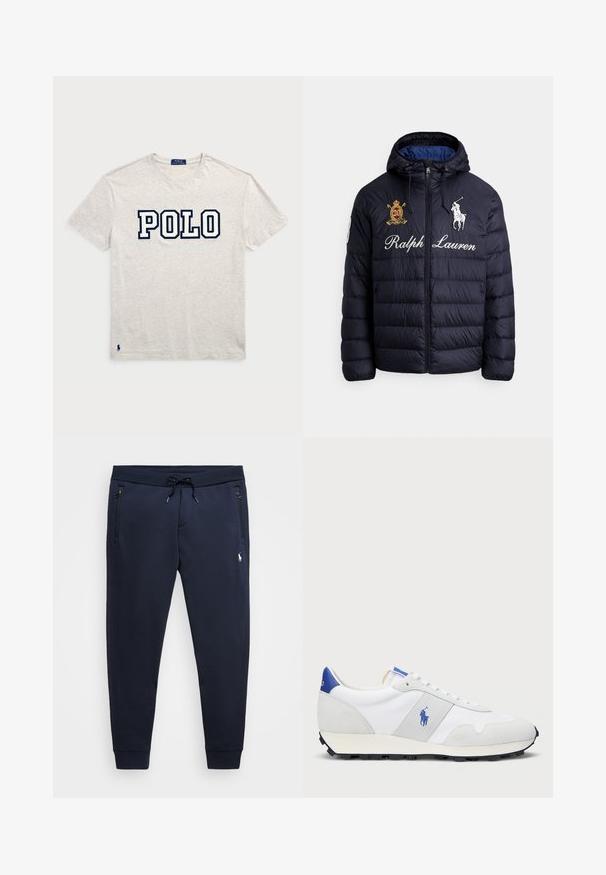 Navy blue quilted puffer jacket with hood, front zipper, embroidered polo player logo, "Ralph Lauren" text, and crest patch on chest.; Polo Ralph Lauren CLASSIC FIT LOGO - Print T-shirt - light grey; Navy jogger pants made of soft cotton blend, featuring an adjustable waistband, zippered pockets, and a small logo on the left thigh.; White athletic sneaker with grey suede accents, mesh upper, blue heel tab, and black rubber outsole. Features lace-up closure and logo.