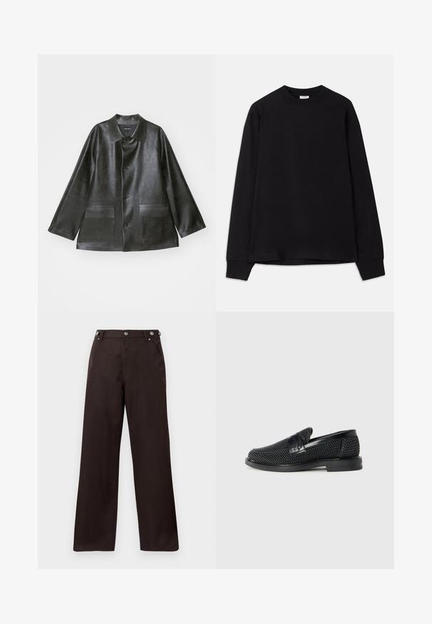 Emporio Armani CABAN - Műbőr dzseki - lavagna; Fekete, hosszú ujjú póló, puha pamutból készült. Kerek nyakkivágással, laza szabással és bordázott mandzsettával rendelkezik. Nincsenek látható minták vagy logók.; Sötétbarna egyenes szárú nadrág gombos részletekkel a derékon és két elülső zsebbel, fehér háttér előtt bemutatva.; Fekete szőtt slip-on cipő sima bőr díszítéssel a felsőrészen, kerek orral és alacsony profilos gumitalppal.