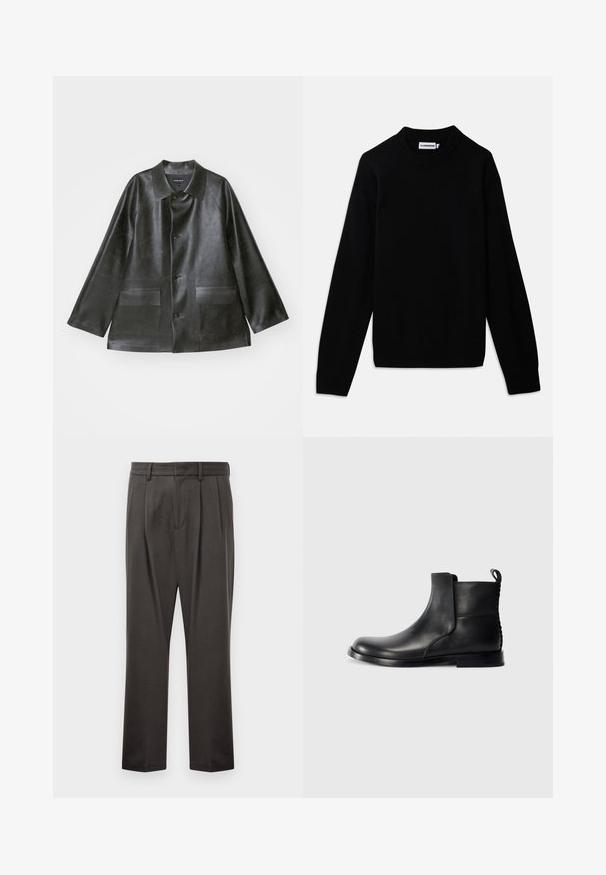 Emporio Armani CABAN - Faux leather jacket - lavagna; Black sweater with a ribbed crew neckline, long sleeves, and a textured knit pattern. No visible logos or embellishments.; Dark gray trousers made from textured fabric, featuring a flat front, pleats, straight legs, and belt loops. No visible hardware or patterns.; Black leather ankle boot with rounded toe, elastic side panels, and a textured back. Features a flat rubber sole and pull tab.