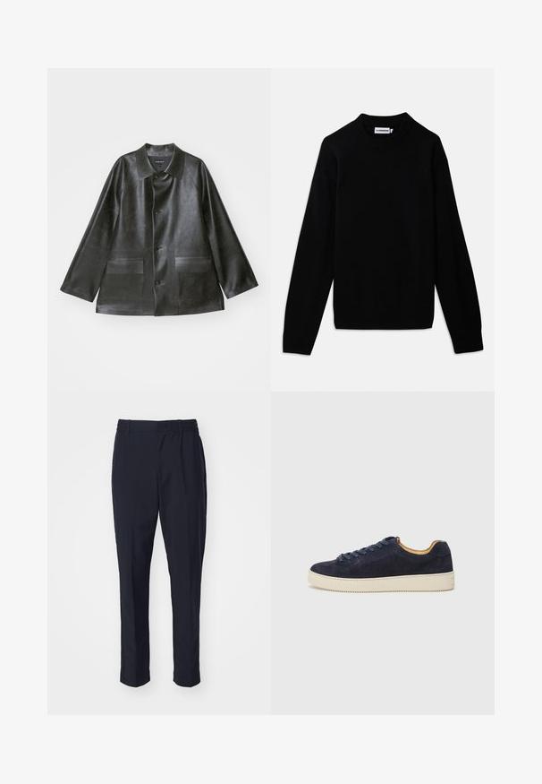 Emporio Armani - Kurtka ze skóry ekologicznej; Czarny sweter z prążkowanym okrągłym dekoltem, długimi rękawami i teksturowanym wzorem dzianiny. Brak widocznych logo lub ozdób.; Granatowe spodnie o gładkiej fakturze, z elastycznym paskiem w talii i zwężanym krojem nogawek. Nie mają widocznych kieszeni ani zdobień.; Granatowe zamszowe trampki niskie z okrągłym czubkiem, z off-white gumową podeszwą i pasującymi sznurówkami; mają kontrastującą tanową podszewkę wewnętrzną.