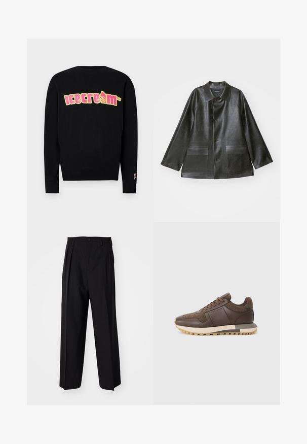 Emporio Armani CABAN - Bunda z umělé kůže - lavagna; Černá mikina s barevným grafickým motivem "zmrzlina" v žluté a růžové barvě. Obsahuje žebrovaný výstřih a manžety, s malou ikonou zmrzliny na rukávu.; Černé skládací kalhoty s rovnými, širokými nohavicemi. Vyrobené z hladké tkaniny, se zapínáním na knoflík a poutky na opasek.; Hnědé kožené tenisky s suédovou akcentací, kulatou špičkou a texturovaným svrškem, s béžovou podešví a vzorem na podrážce.