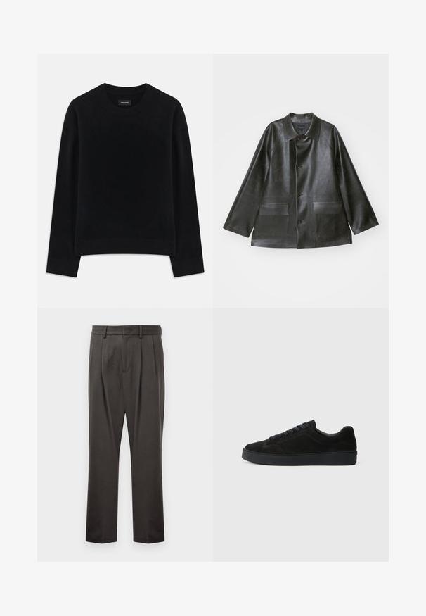 Emporio Armani CABAN - Kunstnahast jakk - lavagna; Must have pehmeast kangast kampsun, mis on musta värvi, ümar kaelus, pikad varrukad, lõdva istuvusega ja soonikkoes ääristusega. Lihtne, ühtlane disain ilma mustriteta.; Tumedashallased püksid, mis on valmistatud tekstuuriga kangast, lame esiosa, voldid, sirged jalad ja vöökohastab. Pole nähtavat riistvara ega mustreid.; Must have musta tennisjalats madala, tekstuuriga talla, ümara varbaga, kuue silmaga paelte jaoks ja minimalistlik disain.