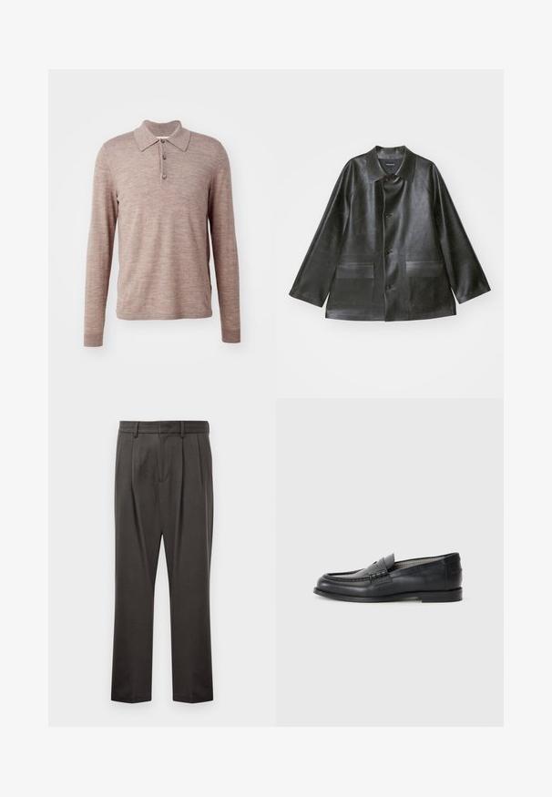 Emporio Armani CABAN - Bunda z umělé kůže - lavagna; Hnědá polo košile s dlouhým rukávem vyrobená z měkké látky, s límečkem, třemi knoflíky a žebrovanými manžetami, hladkým povrchem a jemným vzorem.; Tmavě šedé kalhoty z texturované látky, s plochým předním dílem, sklady, rovnými nohavicemi a poutky na pásek. Bez viditelného kovového spojení nebo vzorů.; Černé kožené mokasíny s hladkým povrchem, kulatou špičkou, dekoračním páskem a minimalistickým designem. Mají nízký blokový podpatek.