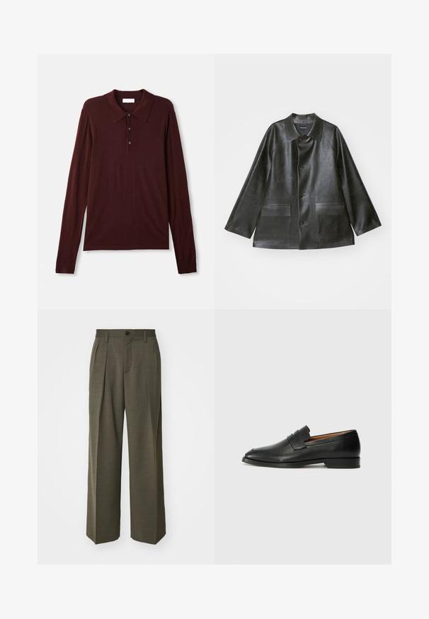 Emporio Armani CABAN - Keinonahkatakki - lavagna; Pitkähihaiset, syvän viininpunaiset polo paidat pehmeästä kankaasta. Ominaisuuksiin kuuluu klassinen kaulus, kolme nappia ja istuvat hihansuut.; Filippa K WIDE TROUSERS - Housut - driftwood; Musta nahkainen loafer, jossa on pyöreä kärki, hienovarainen ommelkoristelu ja matala korko, joka on varustettu sileällä pinnalla ja minimalistisella designilla.
