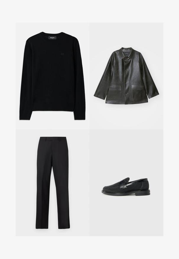 Emporio Armani CABAN - Giacca in similpelle - lavagna; Maglione nero a collo rotondo realizzato in morbido tessuto. Presenta maniche lunghe e un sottile dettaglio logo D2 sulla parte anteriore. Design semplice e classico.; Pantaloni neri a gamba dritta in tessuto liscio. Presentano una vita standard e nessun motivo o accento visibile.; Scarpa nera a mocassino intrecciata con un accentuato in pelle liscia sulla parte superiore, design a punta rotonda e suola in gomma a profilo basso.