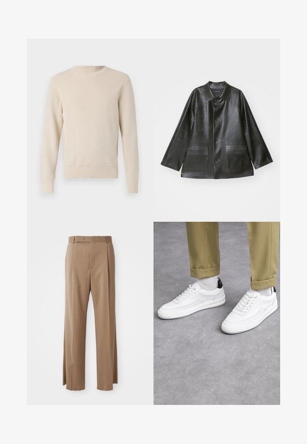 Emporio Armani CABAN - Kunstlederjacke - lavagna; Beiger Strickpullover mit strukturiertem Muster, Rundhalsausschnitt und gerippten Bündchen und Saum. Klassische Passform mit langen Ärmeln.; Hellbraune, maßgeschneiderte Hosen mit geraden Beinen, Gürtelschlaufen, vorderem Naht und verdecktem Verschluss, flach auf weißem Hintergrund dargestellt.; Weiße Sneakers mit einer strukturierten Lederoberfläche, abgerundeter Zehenpartie und schwarzem Fersenakzent. Gummisohle mit kleinem Profilmuster und genähten Details.