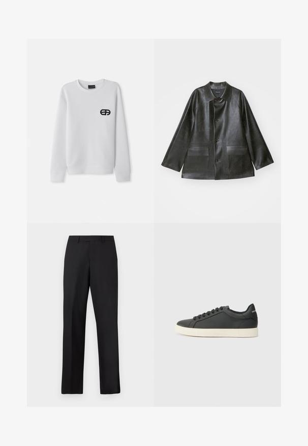 Emporio Armani - Kurtka ze skóry ekologicznej; Biała bluza z długimi rękawami, okrągłym dekoltem i czarnym haftowanym logo po lewej stronie klatki piersiowej. Gładka tekstura, minimalistyczny design.; Czarne spodnie o prostych nogawkach wykonane z gładkiej tkaniny. Posiadają standardowy pas i nie mają widocznych wzorów ani zdobień.; Czarne skórzane trampki o niskim profilu, z zaokrąglonym noskiem i sznurowanym zapięciem; posiadają teksturowaną gumową podeszwę oraz detal z logo na pięcie.