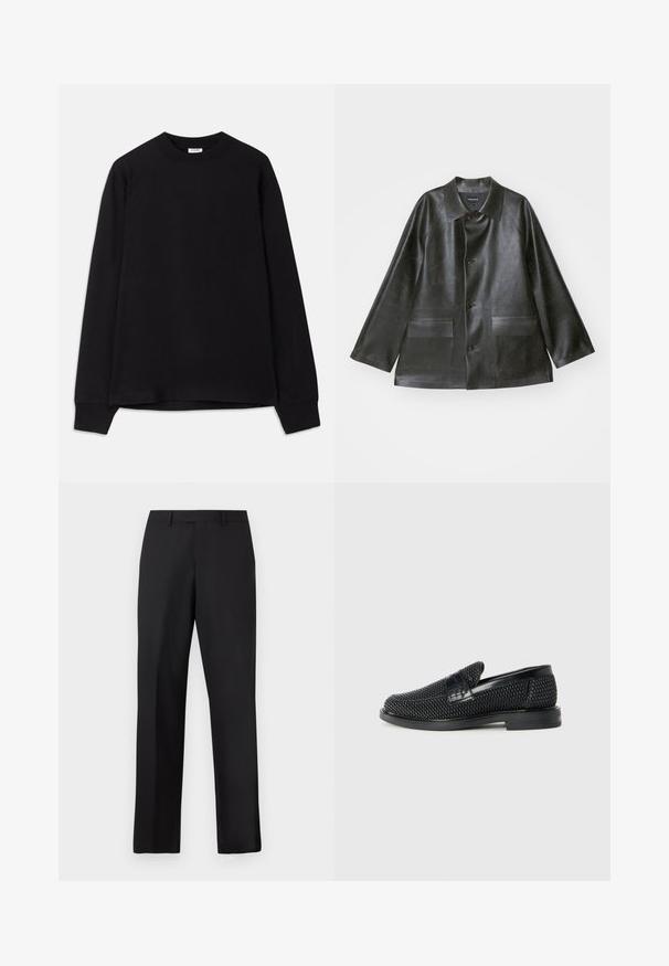 Emporio Armani CABAN - Műbőr dzseki - lavagna; Fekete, hosszú ujjú póló, puha pamutból készült. Kerek nyakkivágással, laza szabással és bordázott mandzsettával rendelkezik. Nincsenek látható minták vagy logók.; Fekete, egyenes szárú nadrág sima anyagból. Standard derékpánttal rendelkezik, és nincsenek látható minták vagy díszítések.; Fekete szőtt slip-on cipő sima bőr díszítéssel a felsőrészen, kerek orral és alacsony profilos gumitalppal.