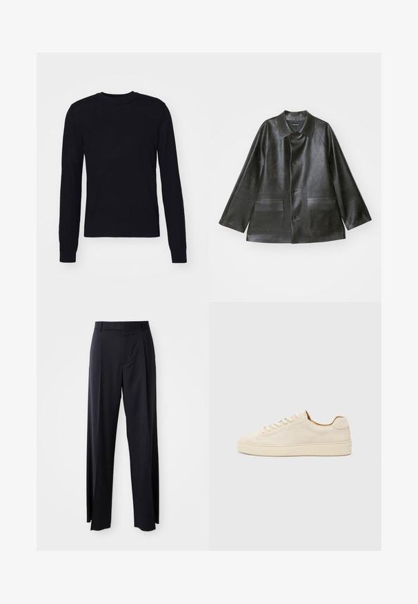 Emporio Armani CABAN - Bunda z umělé kůže - lavagna; Černý svetr s dlouhým rukávem vyrobený z jemné tkaniny, s kulatým výstřihem a žebrovanými manžetami. Jednoduchý, nezdobený design bez vzorů nebo komponentů.; Černé kalhoty s vysokým pasem a širokým střihem, vyrobené z hladké látky. Mají přední sklady a poutka na opasek. Minimalistický design, bez viditelného kovového hardwaru.; Beige semišové tenisky s nízkým střihem, kulatou špičkou, plochými tkaničkami a texturovanou gumovou podrážkou. Minimalistický styl bez viditelných log.