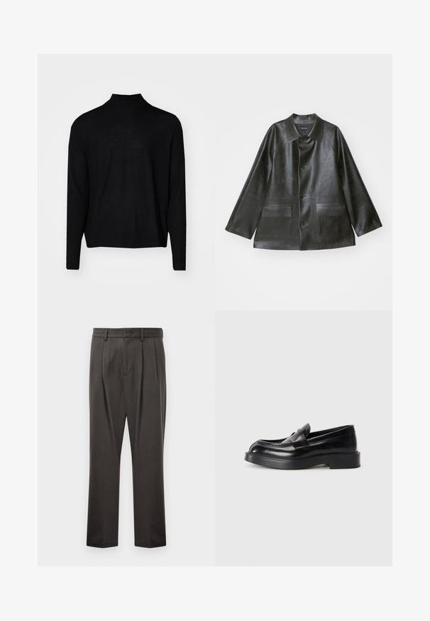 Emporio Armani CABAN - Jachetă din imitație de piele - lavagna; Pulover negru cu mâneci lungi și guler înalt. Fabricat dintr-un material moale și neted. Design simplu, fără modele, cu un tiv drept.; Pantaloni gri închis dintr-un material texturat, având față plată, pliuri, picioare drepte și bucle pentru curea. Fără hardware sau modele vizibile.; Loaferi din piele neagră, cu vârf rotunjit, un design cusut în partea superioară și o talpă groasă din cauciuc. Textură netedă cu accente minime.