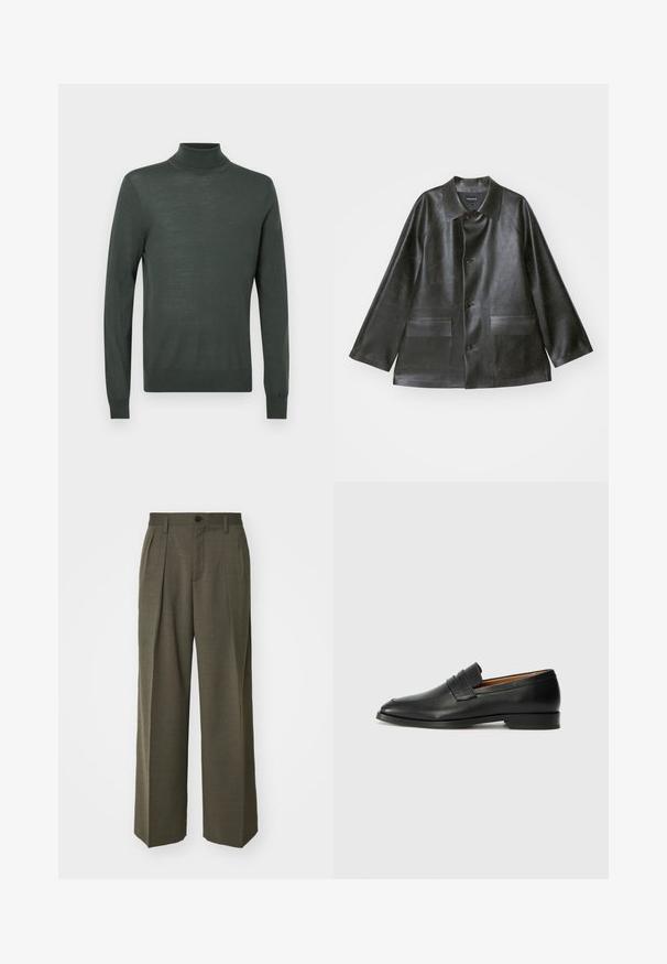 Emporio Armani CABAN - Műbőr dzseki - lavagna; Sötétzöld garbó pulóver, puha, könnyű anyagból. Hosszú ujjaival és testhez simuló fazonjával, bordázott részletekkel a mandzsettákon és a nyakban.; Filippa K WIDE TROUSERS - Nadrágok - driftwood; Fekete bőr mokaszin, kerek orral, diszkrét varrásokkal és alacsony sarokkal, sima felülettel és minimalista dizájnnal.