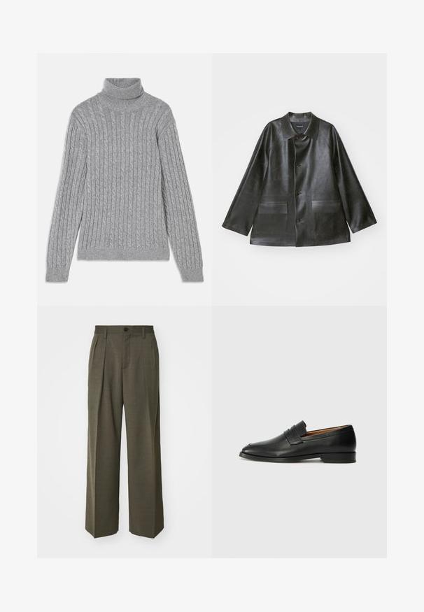 Emporio Armani CABAN - Kunstnahast jakk - lavagna; Hallhalli hall sweater, mis on valmistatud kihilisest kudumisest, millel on kaablitüüp, pikad varrukad ja soonikkoes mansetid ning hem.; Filippa K WIDE TROUSERS - Püksid - driftwood; Must musta loafers ümarate varvastega, peene tikandiga ja madala kontsaga, millel on sile tekstuur ja minimalistlik disain.