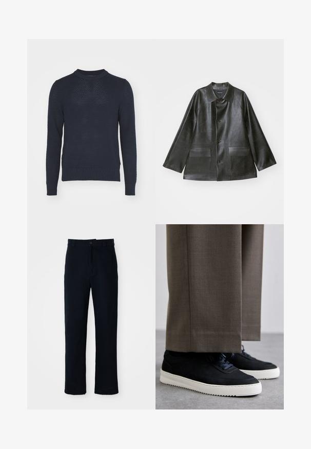 Emporio Armani CABAN - Műbőr dzseki - lavagna; Sötétkék kötött pulóver texturált szövettel, kerek nyakkivágással és bordás mandzsettával, valamint aljjal. Könnyű, lélegző kialakítással rendelkezik.; Sötétkék pamut nadrág, egyenes szárú fazonnal, elülső gombos záródással és klasszikus derékkal, övhurkokkal.; Fekete velúr sportcipők fehér gumitalppal, kerek orrú, fűzős kialakítással, szürke, szabott nadrággal párosítva.