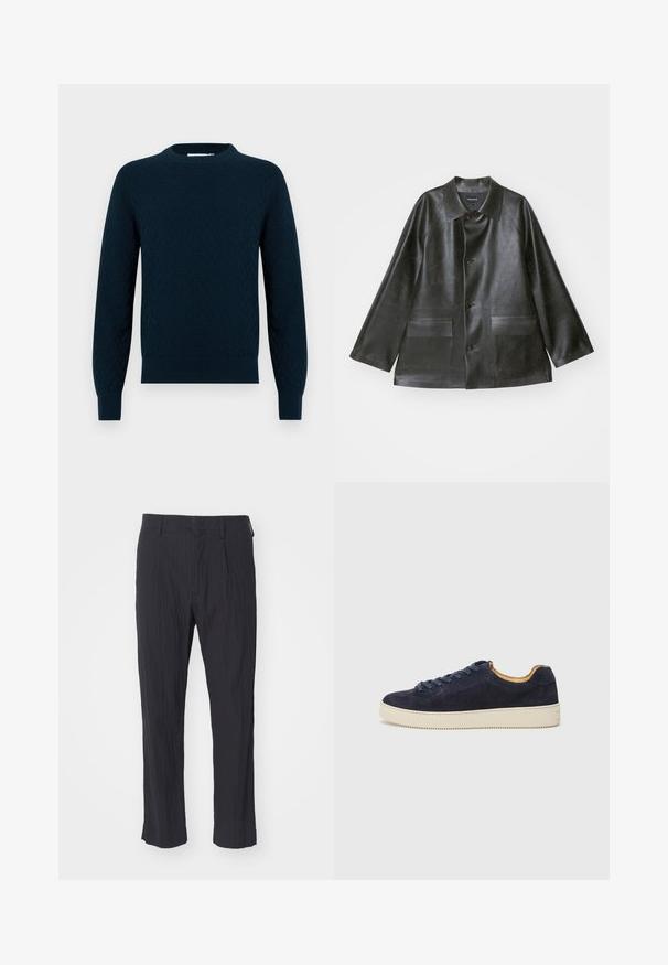 Emporio Armani CABAN - Giacca in similpelle - lavagna; Maglione lavorato a maglia di un blu navy scuro, caratterizzato da un motivo testurizzato. Collo a giro, maniche lunghe e polsini e orlo a costine. Materiale morbido con un aspetto accogliente.; Pantaloni neri plissettati con tessuto testurizzato, caratterizzati da un design a gamba dritta e una vita standard. Senza tasche visibili o componenti metallici.; Sneaker bassa in suede blu navy con punta tondeggiante, suola in gomma bianca sporca e lacci abbinati; presenta un rivestimento interno a contrasto in tonalità tan.