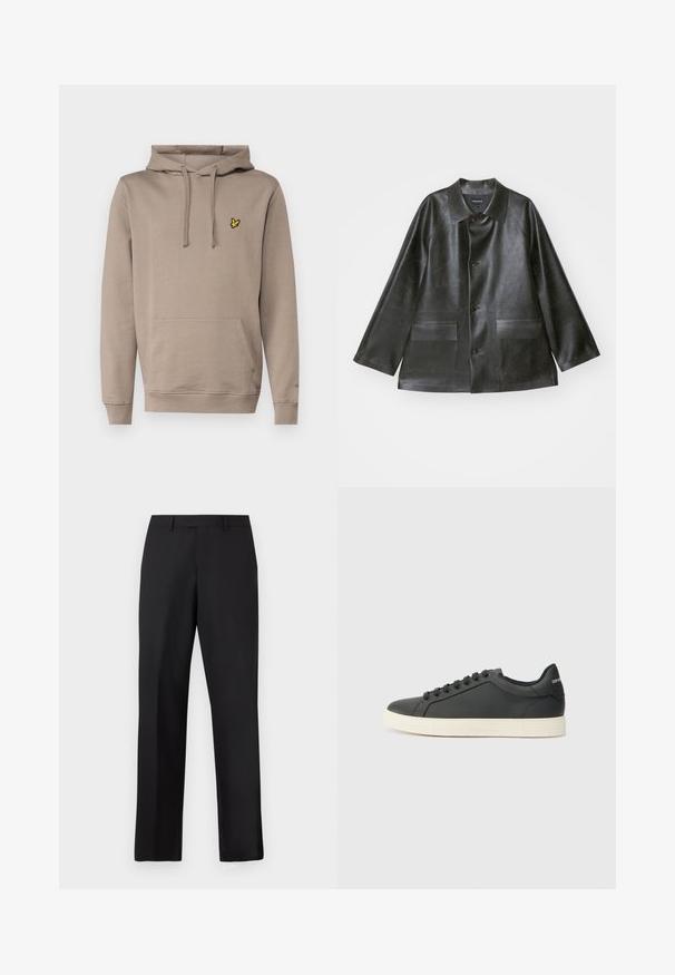 Emporio Armani CABAN - Mākslīgās ādas jaka - lavagna; Lyle & Scott Džemperis ar kapuci - heritage taupe; Melnas, taisnas bikses no gludas auduma. Tām ir standarta jostasvieta, bez redzamiem rakstiem vai akcentsiem.; Melna ādas kedas ar zemu profilu, noapaļotu purngalu un savelkamu aizdari; ar teksturētu gumijas zoli un logotipa detaļu uz papēža.