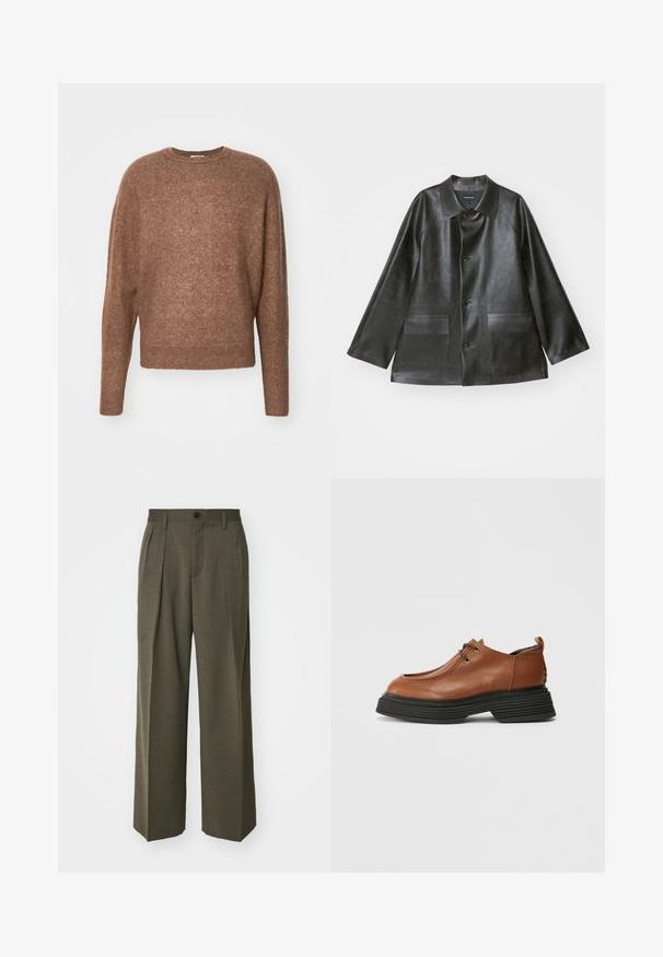 Emporio Armani CABAN - Μπουφάν από συνθετικό δέρμα - lavagna; Filippa K FLUFFY HAMMER SLEEVE - Πουλόβερ - mocha; Filippa K WIDE TROUSERS - Παντελόνι - driftwood; Καφέ δερμάτινο παπούτσι με στρογγυλέα μύτη, σχέδιο με κορδόνια και παχιά μαύρη στρωτή σόλα. Ξεχωρίζει για τη δομημένη σιλουέτα και την υφή του.