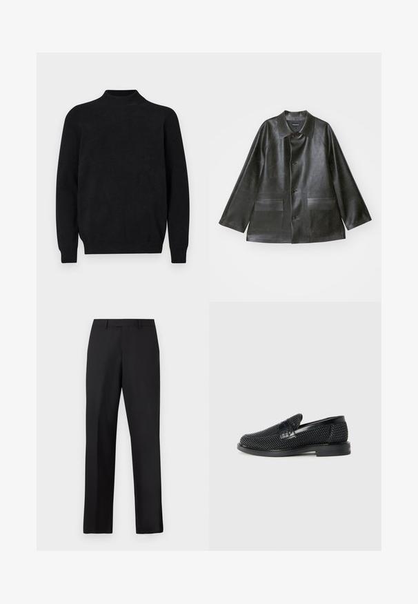 Emporio Armani CABAN - Faux leather jacket - lavagna; Black knitted sweater with a high neck, long sleeves, and ribbed texture. Simple, solid design with a relaxed fit and no visible patterns.; Black, straight-leg trousers made of smooth fabric. Features a standard waistband and no visible patterns or accents.; Black woven slip-on shoe with a smooth leather accent on the upper, a round toe design, and a low-profile rubber sole.