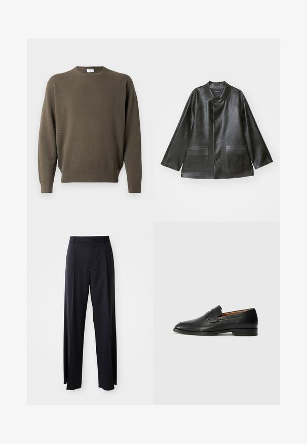 Emporio Armani CABAN - Faux leather jacket - lavagna; Khaki green sweater with a textured pattern, crew neckline, and ribbed cuffs and hem. Lightweight fabric, casual design without embellishments.; Black, high-waisted trousers with a wide-leg cut, made of smooth fabric. Features front pleats and belt loops. Minimalistic design, no visible hardware.; Black leather loafer with a rounded toe, subtle stitched detailing, and a low heel, featuring a smooth texture and minimalist design.