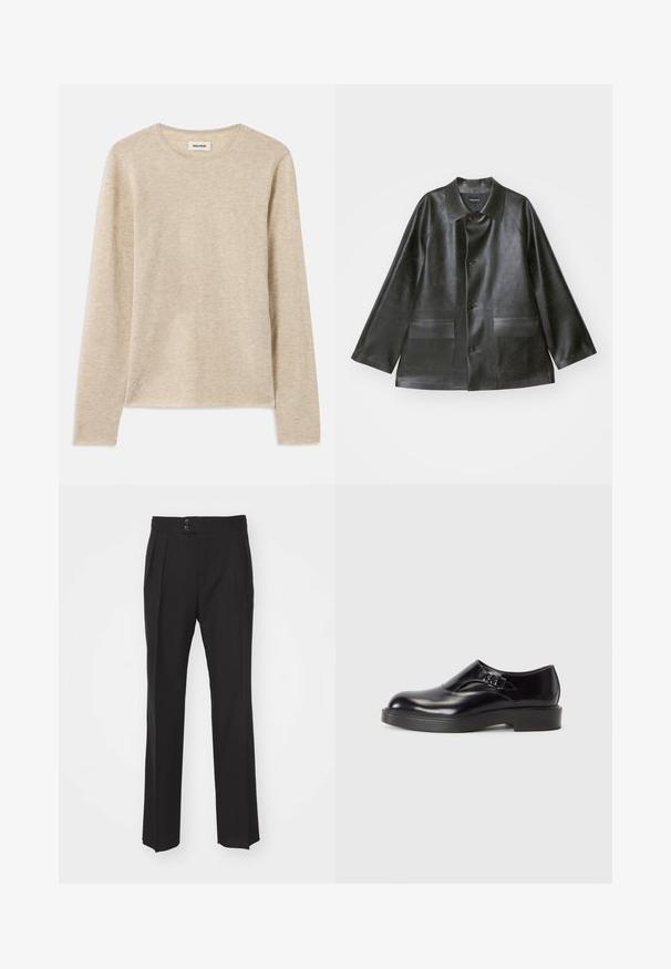 Emporio Armani CABAN - Kunstnahast jakk - lavagna; Beige pika-särgid, millel on pikad varrukad ja pehme kangas, ümmargune kaelus ning peen õmblusdetail vasakus alumises servas.; Mustad vooderdatud püksid, millel on sirge sääre disain, kaks esikotti ja topelt-nööbikinnitus vööosas. Sile kangatekstuur.; Must mustus jalanõud ümarate varvastega, madala musta kandiga jaDekoratiivse rihmaga. Sile tekstuur läikiva viimistlusega.