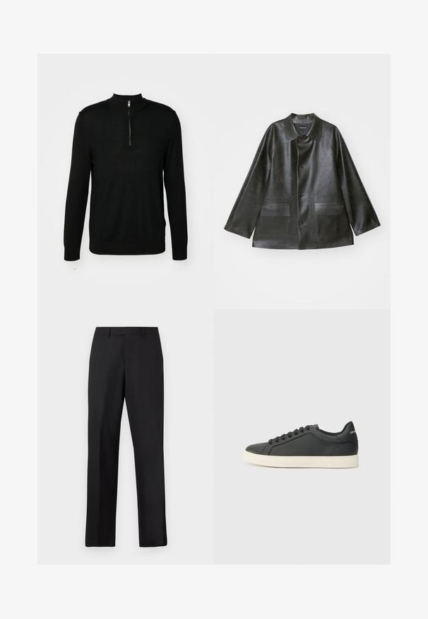 Emporio Armani CABAN - Bunda z nepravej kože - lavagna; Čierny pletený sveter s vysokým golierom a polovičným zipsom. Dlhé rukávy a priliehavý strih, s hladkou textúrou a minimálnym detalizovaním.; Čierne nohavice s rovnými nohavicami vyrobené z hladkej látky. Majú štandardný pás a žiadne viditeľné vzory alebo ozdoby.; Čierne kožené tenisky s nízkym profilom, zaoblenou špičkou a šnurovaním; obsahujú textúrovanú gumovú podrážku a logo na päte.