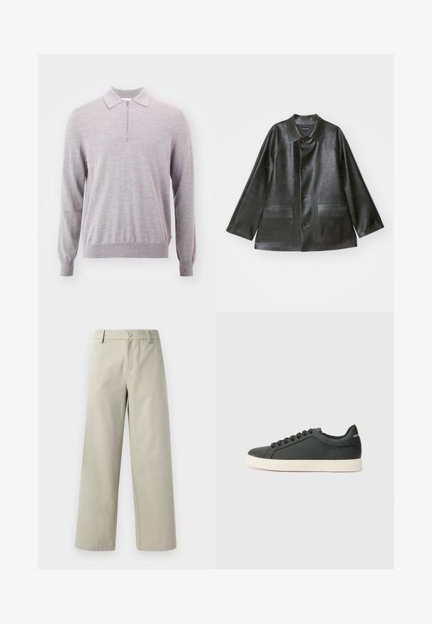 Emporio Armani CABAN - Műbőr dzseki - lavagna; Világosszürke kötött pulóver cipzáras nyakkal, hosszú ujjakkal, bordázott mandzsettával és szegéllyel. Puha tapintás, laza fazon és minimalista dizájn.; Han Kjøbenhavn WIDE LEG - Nadrágok - light grey; Fekete bőr sportcipő alacsony profilú, lekerekített orral és fűzős záródással; texturált gumitalppal és logó részlettel a saroknál.