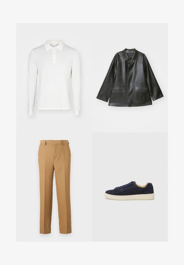 Emporio Armani CABAN - Jachetă din imitație de piele - lavagna; Cămașă polo albă cu mâneci lungi din material moale, cu guler, închidere cu trei nasturi și manșete strâmte. Textură netedă, design minimalist.; Pantaloni bej dintr-un material țesut, cu croială dreaptă, față plată și bucle pentru curea. Textură netedă, fără modele vizibile.; Tenis navy din suede, cu vârful rotund, talpă din cauciuc off-white și șireturi asortate; are o căptușeală interioară contrastantă în nuanță de tan.