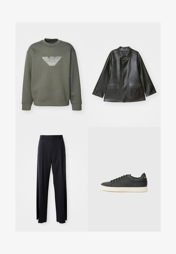 Emporio Armani CABAN - Jacka i konstläder - lavagna; Emporio Armani Sweatshirt - mulled basil; Svarta, högmidjade byxor med vida ben, gjorda av mjukt tyg. Har framtill veck och bälteshällor. Minimalistisk design, ingen synlig hårdvara.; Svart lädersneaker med låg profil, rund tå och snörning; har en texturerad gummisula och logotypdetalj på hälen.