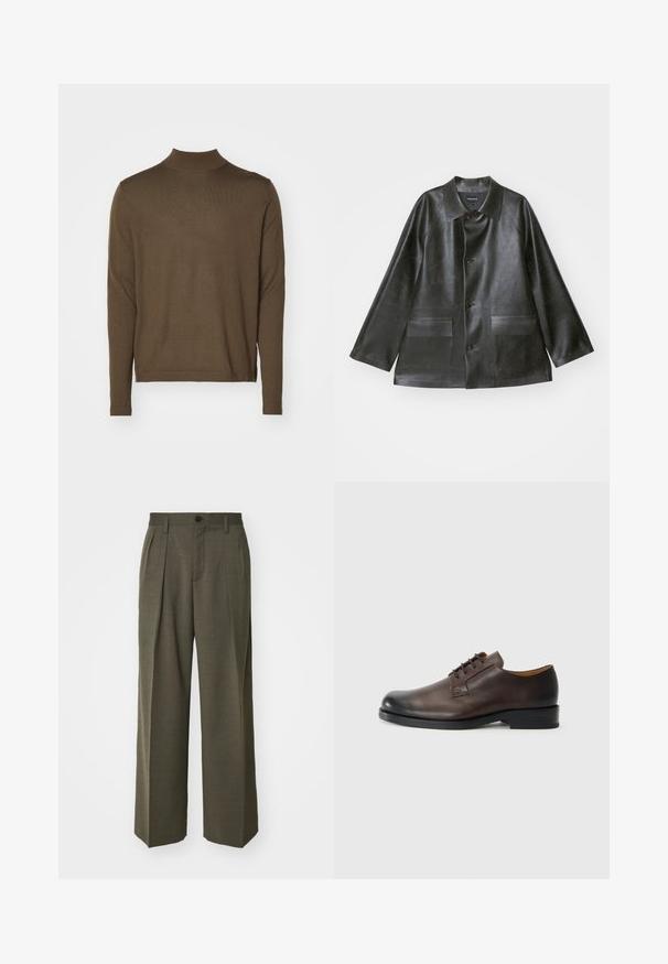 Emporio Armani CABAN - Μπουφάν από συνθετικό δέρμα - lavagna; Tiger of Sweden TERN - Πουλόβερ - green; Filippa K WIDE TROUSERS - Παντελόνι - driftwood; Καφέ δερμάτινο παπούτσι με στρογγυλή μύτη, χαμηλό τακούνι, σχέδιο με κορδόνια και λεία υφή. Διαθέτει ελάχιστη ραφή και γυαλιστερό φινίρισμα.