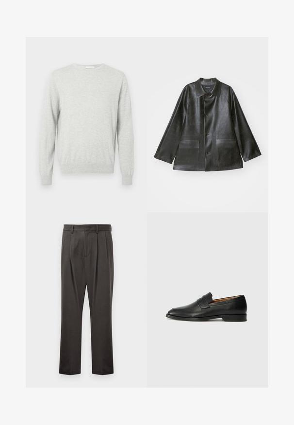 Emporio Armani CABAN - Kunstlederjacke - lavagna; Hellgrauer langer Pullover mit Rundhalsausschnitt und gerippten Bündchen und Saum, auf einem schlichten Hintergrund präsentiert.; Dunkelgraue Hose aus strukturiertem Stoff, mit flachem Bund, Falten, geraden Beinen und Gürtelschlaufen. Keine sichtbaren Beschläge oder Muster.; Schwarze Leder-Slipper mit runder Zehenform, dezenten gestickten Details und niedrigem Absatz, ausgestattet mit glatter Textur und minimalistischem Design.